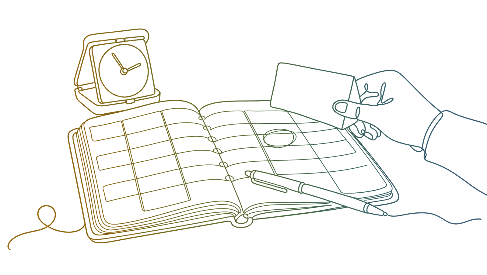 Een opengeslagen agenda met één tijdvak omcirkeld, een opvouwbaar reisklokje en een hand die een kaart tegen de pagina zet, getekend in één doorlopende lijn
