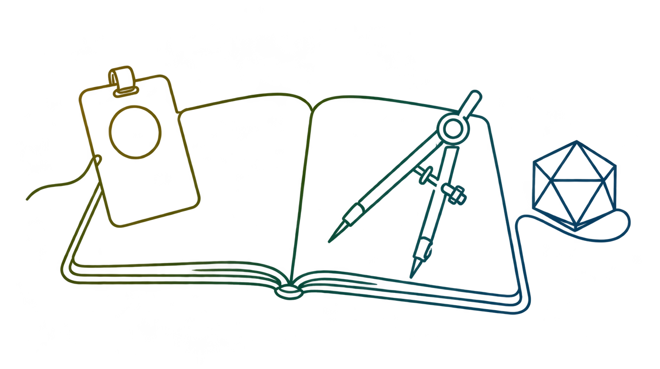 Eine durchgehende Linie verbindet einen leeren Ausweis, ein offenes technisches Notizbuch, einen Zirkel und einen facettierten Körper.