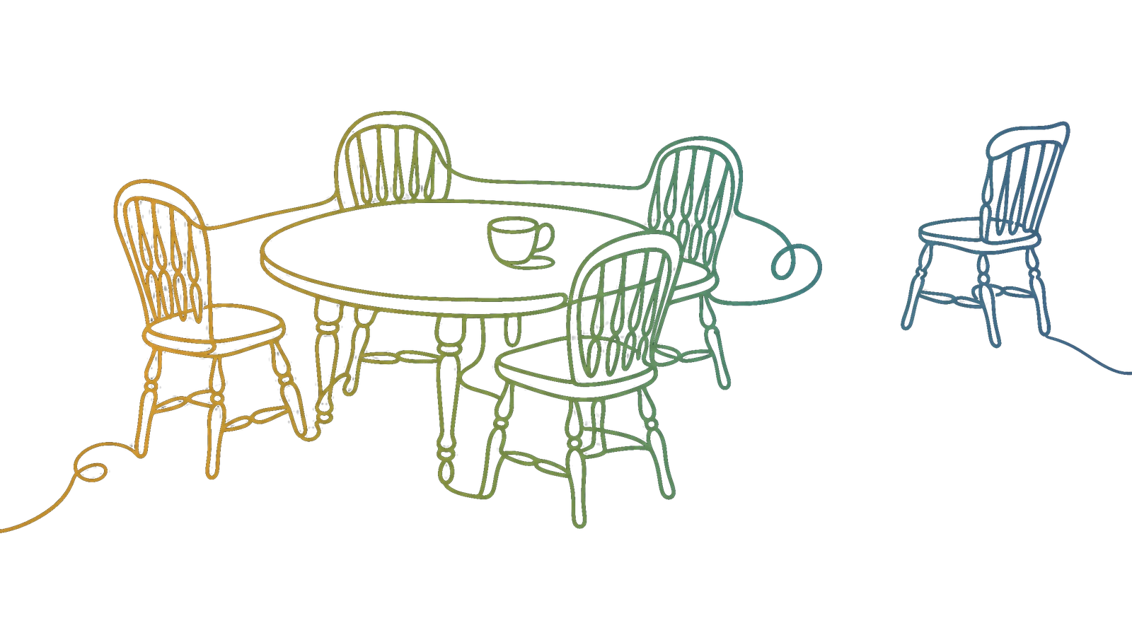 Una mesa redonda con cuatro sillas unidas por un cordón y una quinta silla apartada del círculo, dibujadas de un solo trazo continuo