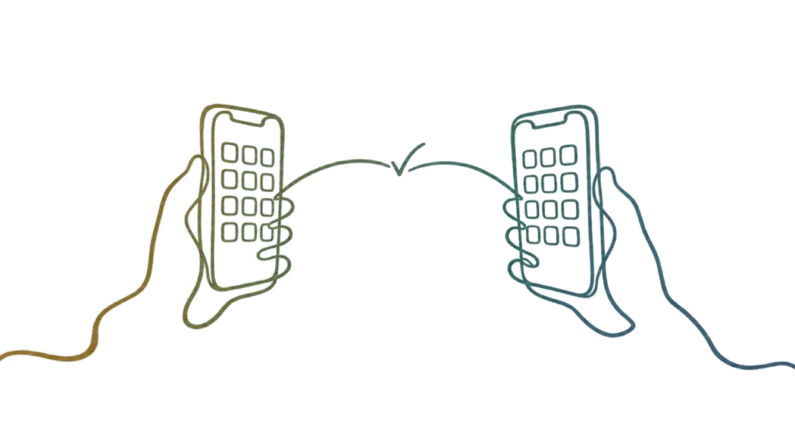 Twee handen met twee telefoons, elk met een raster van cijfers, getekend in één doorlopende lijn