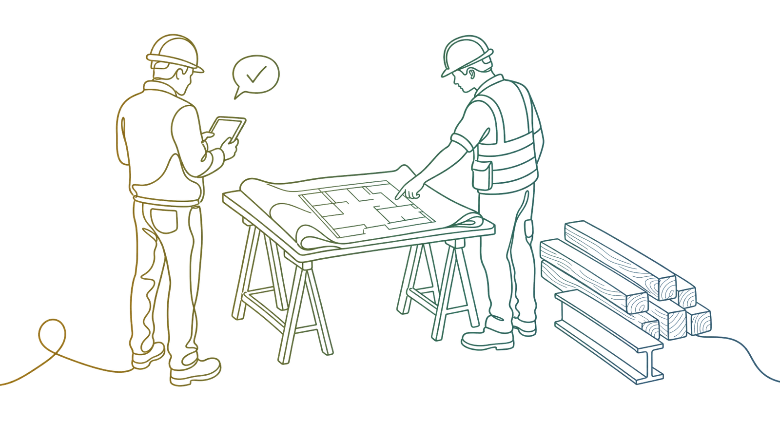 Two workers in hard hats over a site drawing on a trestle, timber and a steel beam beside them, drawn as one continuous line